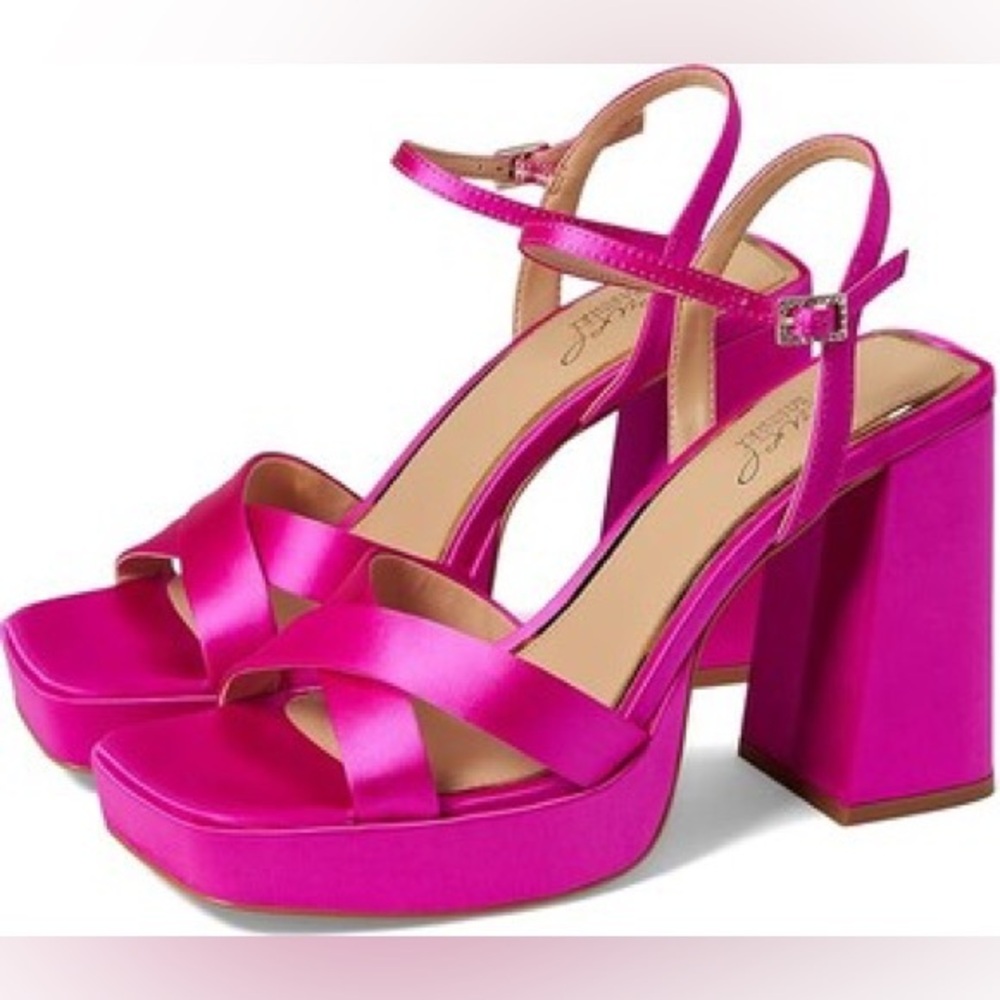 Jewel Badgley Mischka Rainbow Chunky Platform Satin Neon Pink Heel Sz 7